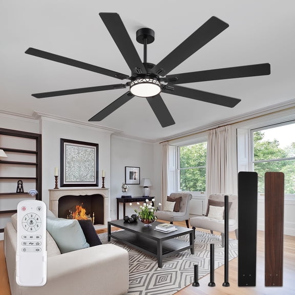 Zardon 72 Inch Farmhouse Ceiling Fan with Light & Remote, 8 Black Blades, Quiet DC Motor, Adjustable for Large Rooms