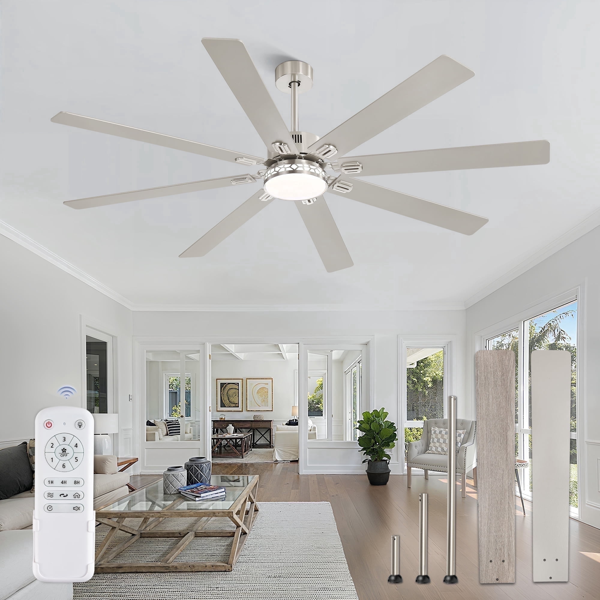 Zardon 72 Inch Farmhouse Ceiling Fan with Light & Remote, 8 Nickel Blades, Quiet DC Motor, Adjustable for Large Rooms
