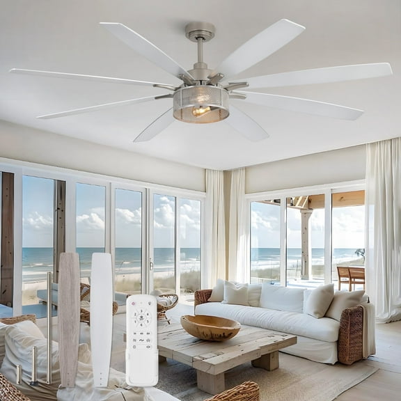 Zardon 72 Inch Farmhouse Ceiling Fan with Light and Remote Control, Quiet 6-Speed Reversible DC Motor, 8 Dual-Finish Blades for Indoor, Nickel