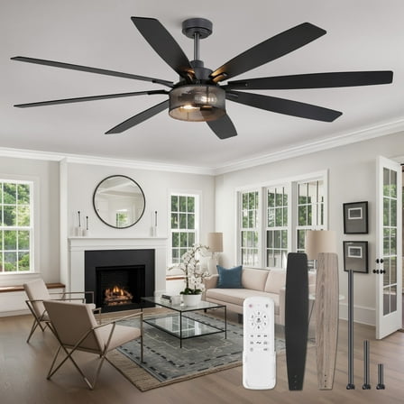 Zardon 72 Inch Farmhouse Ceiling Fan with Light and Remote Control, Quiet 6-Speed Reversible DC Motor, 8 Dual-Finish Blades for Indoor, Black