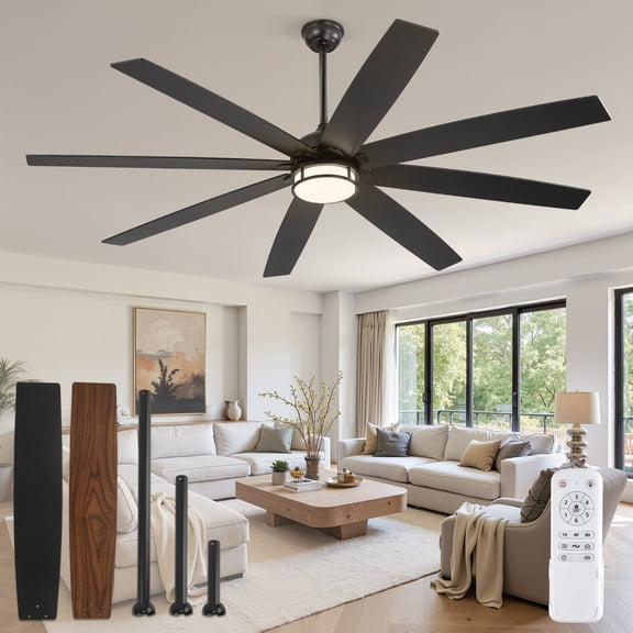 Zardon 72in Ceiling Fans with Light & Remote Control, Large Farmhouse Ceiling Fans with Reversible 6-Speed for Indoor, Black