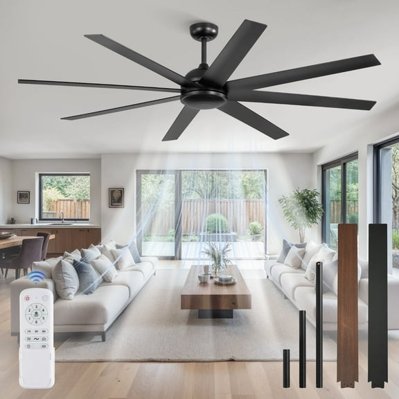 Zardon 72in Large Ceiling Fans with Remote Control No Light, Modern Ceiling Fan with 8 Reversible Blades, 6 Speed, for Indoor Outdoor, Black