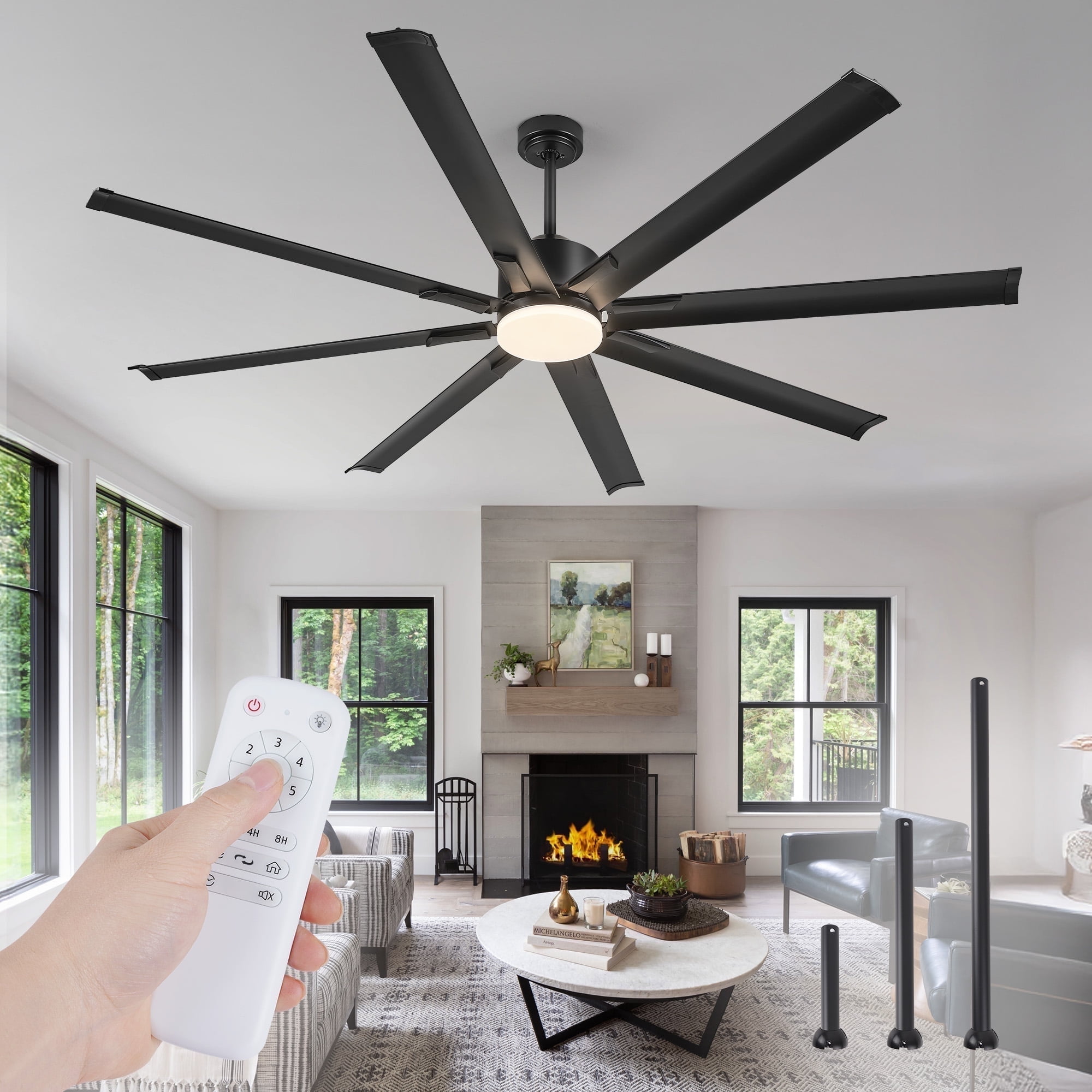 Zardon 72 in Large Ceiling Fans with Light and Remote, Modern Ceiling Fan with 6 Speed Reversible for Indoor, Outdoor, Black