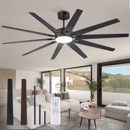 Zardon 80" Industrial Modern Ceiling Fan with LED Light and Remote, 10 Black Blades, Quiet Reversible DC Motor with 6-Speed for Large Room, Indoor