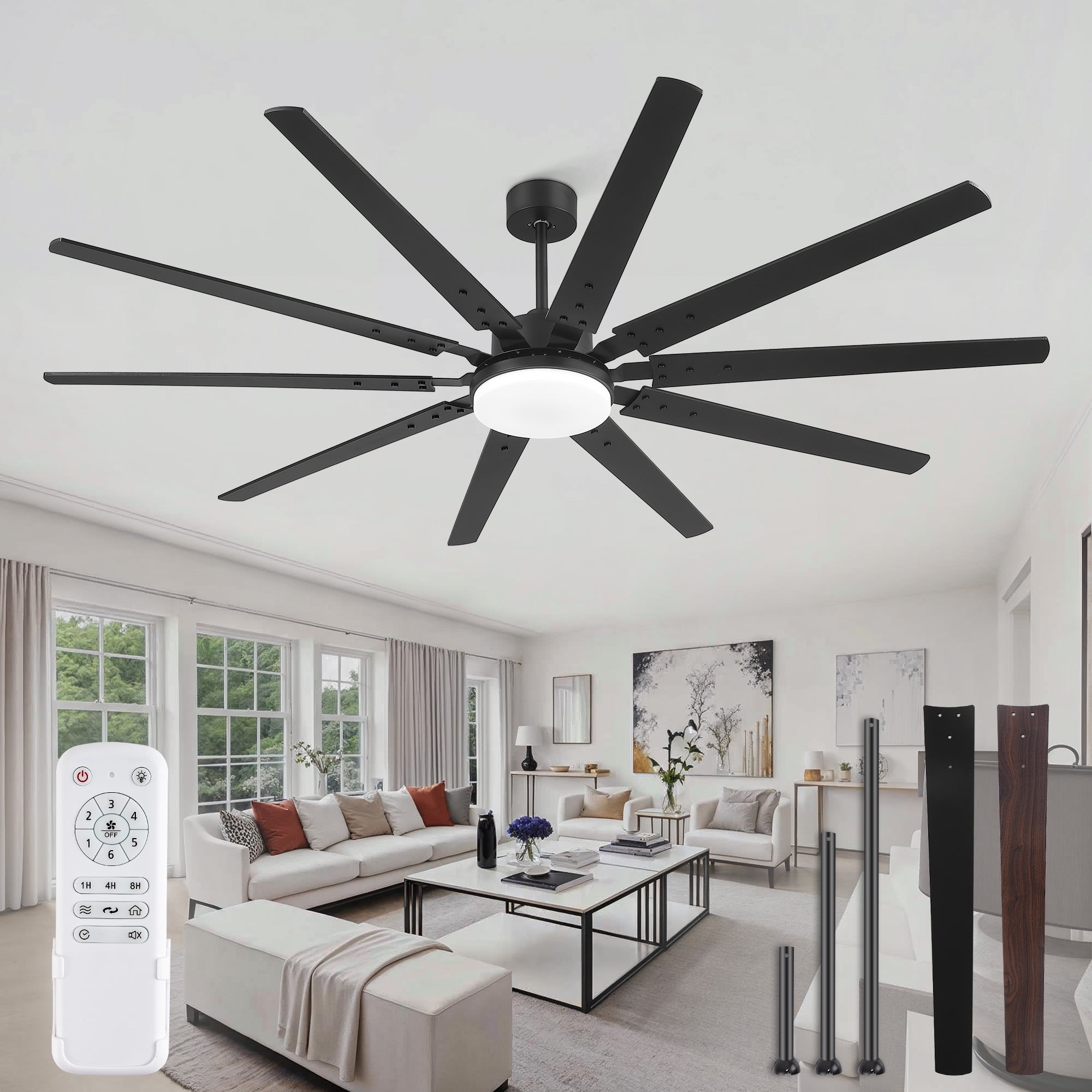 Zardon 84" Industrial Modern Ceiling Fan with LED Light and Remote, 10 Black Blades, Quiet Reversible DC Motor with 6-Speed for Large Room, Indoor