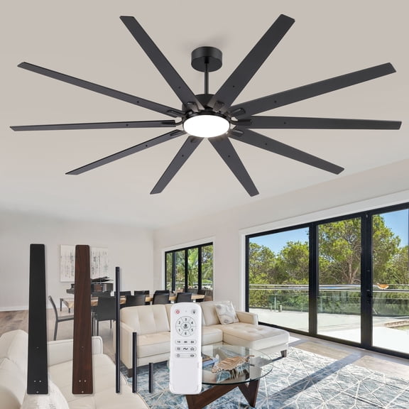 Zardon 92" Industrial Modern Ceiling Fan with LED Light and Remote, 10 Black Blades, Quiet Reversible DC Motor with 6-Speed for Large Room, Indoor