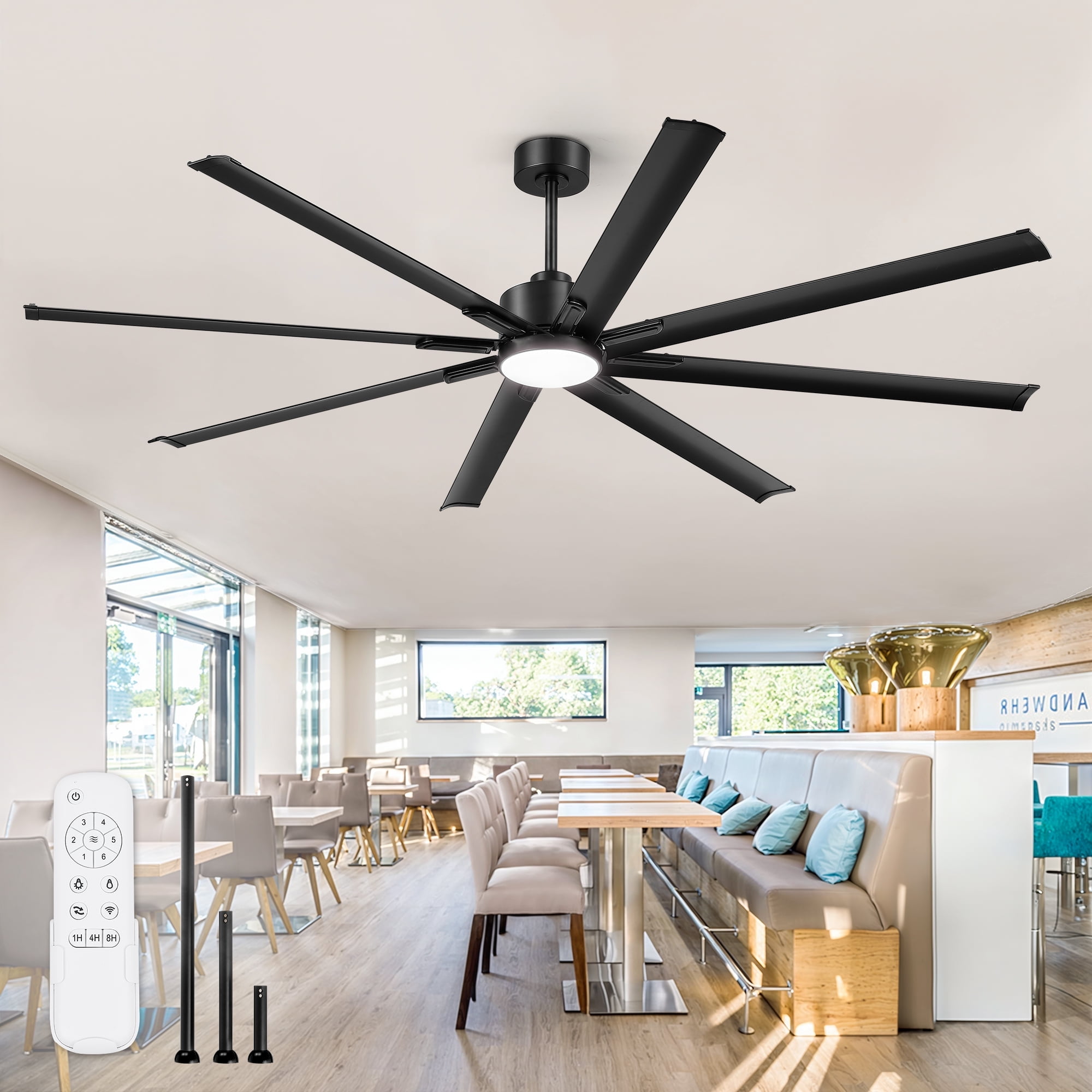96-Inch Black Aluminum Ceiling Fan with LED Light and Remote Control
