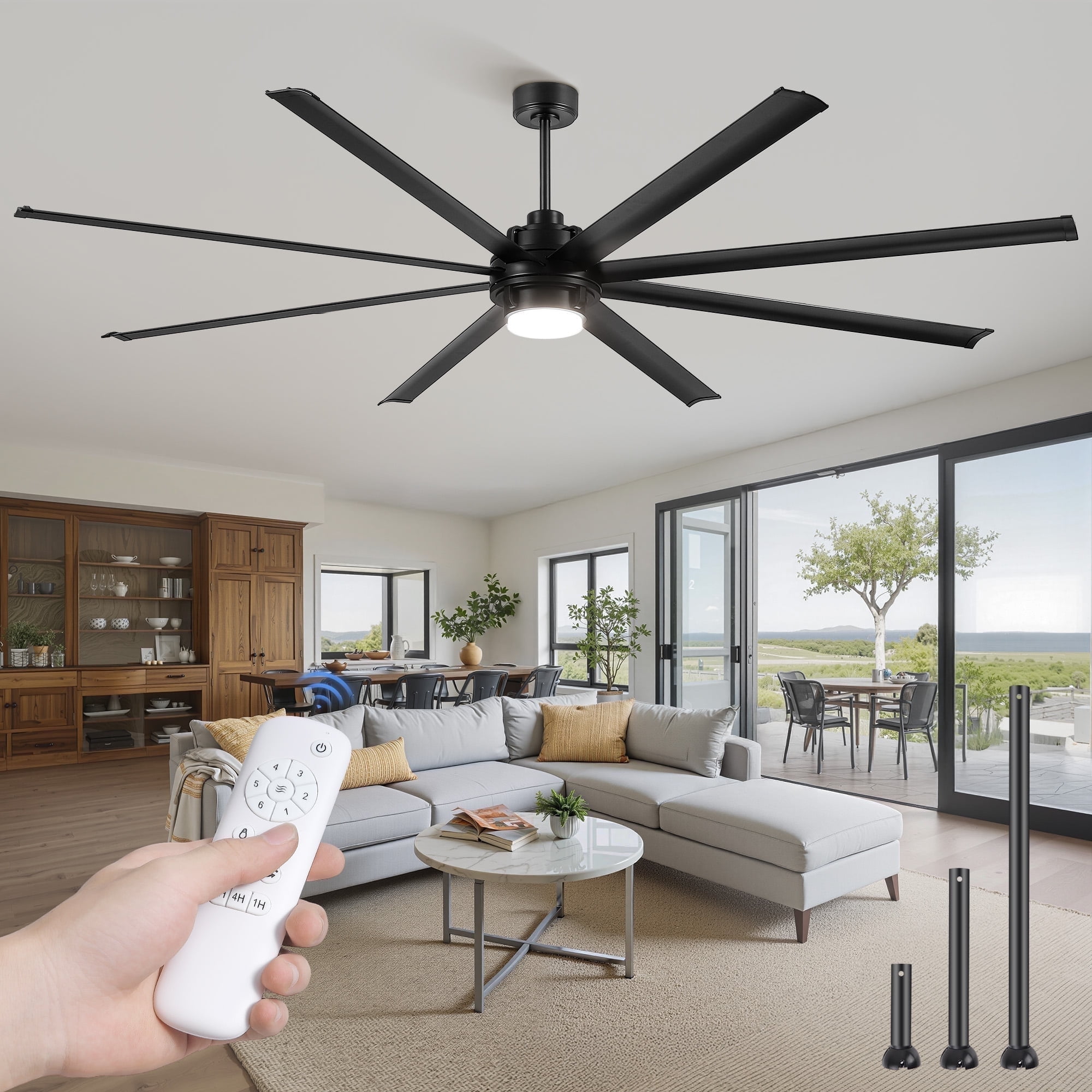 Zardon 96in Large Ceiling Fan with Light and Remote Control, Industrial  Ceiling Fan with 6 Speeds Reversible for Indoor, Outdoor, Garage, Black, image size:2000x2000