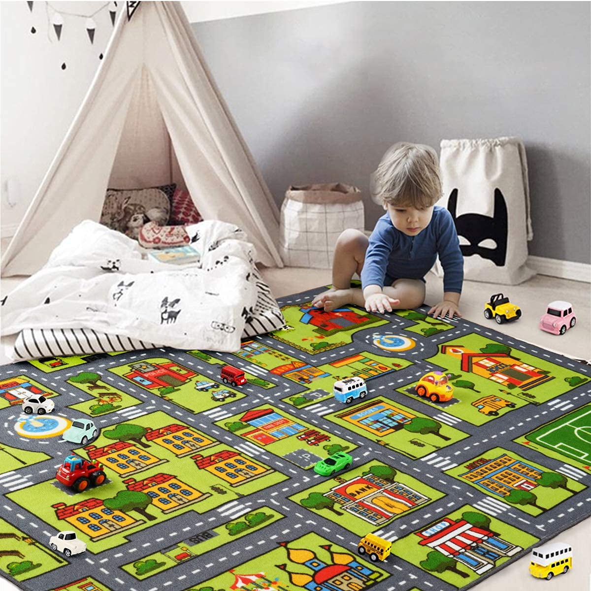 Kids Double Sided Farm Town Roads Car Play Mat Fun Interactive Play Time  Mat Girls Boys Bedroom Nursery Playmat 