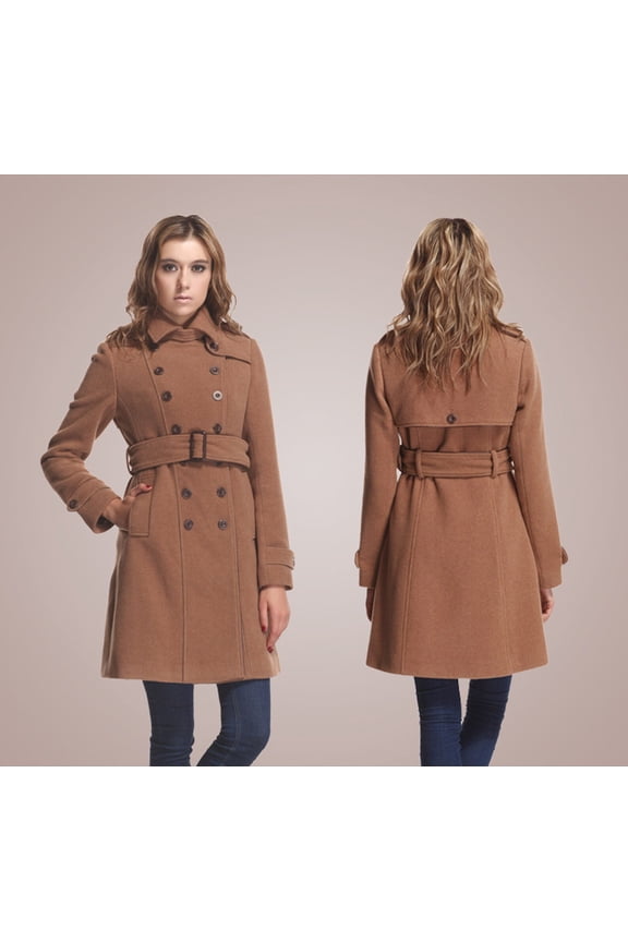 Wool Blend Coat with Trench Style-Camel-L