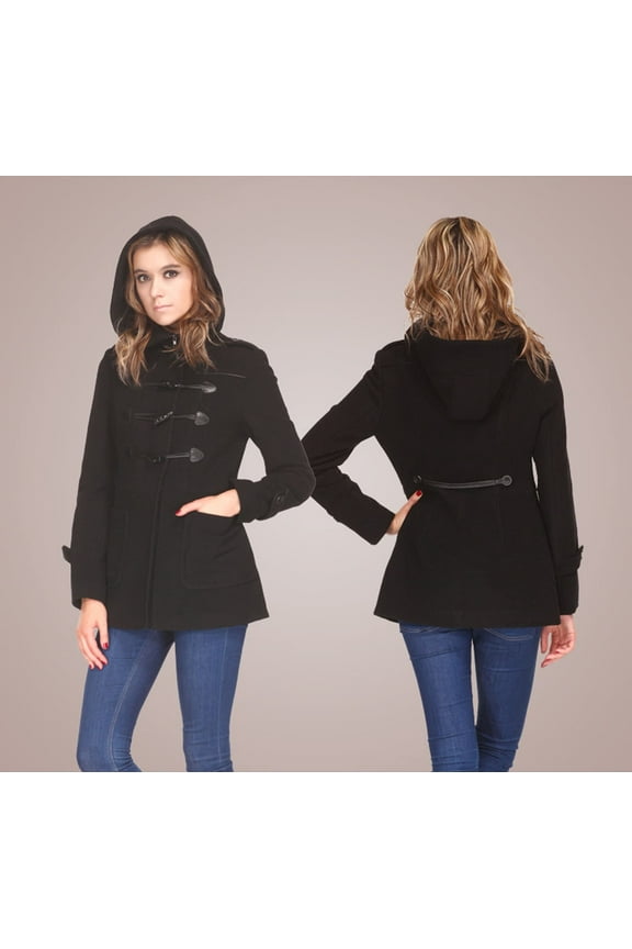 Wool Blend Duffle Coat with Hood-Black-XL