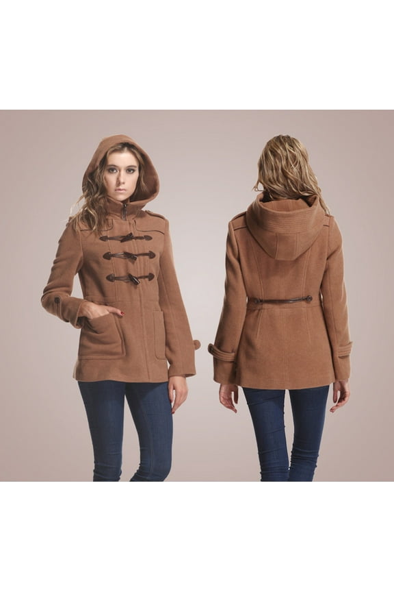 Wool Blend Duffle Coat with Hood-Camel-S