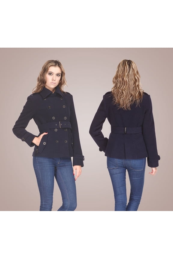 Wool Blend Short Coat with Belt-Navy-XS
