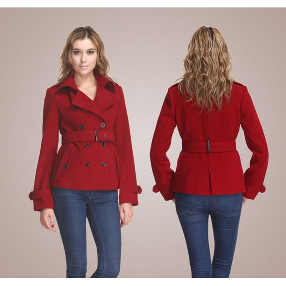 Zareen Wool Blend Short Coat with Belt-Red-M