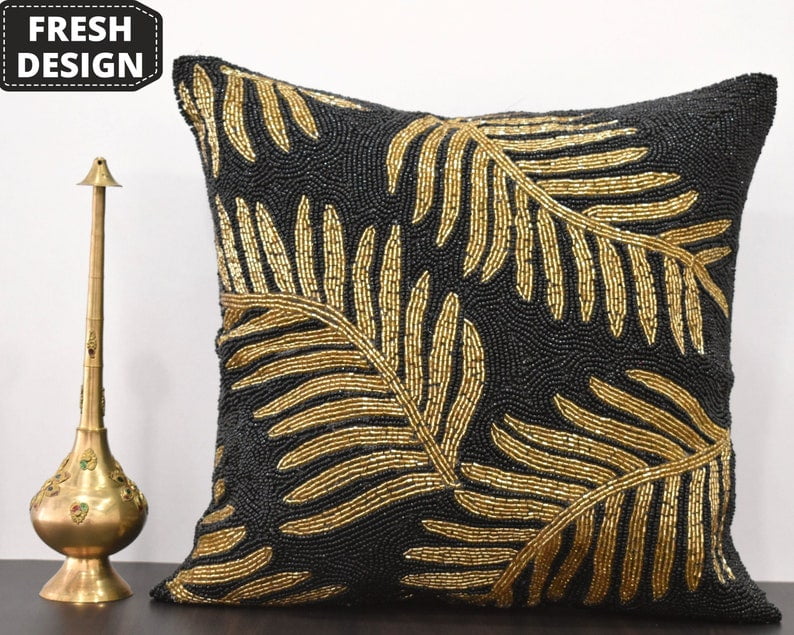 Zarimoon Black gold beaded throw pillow cover Leaf luxury