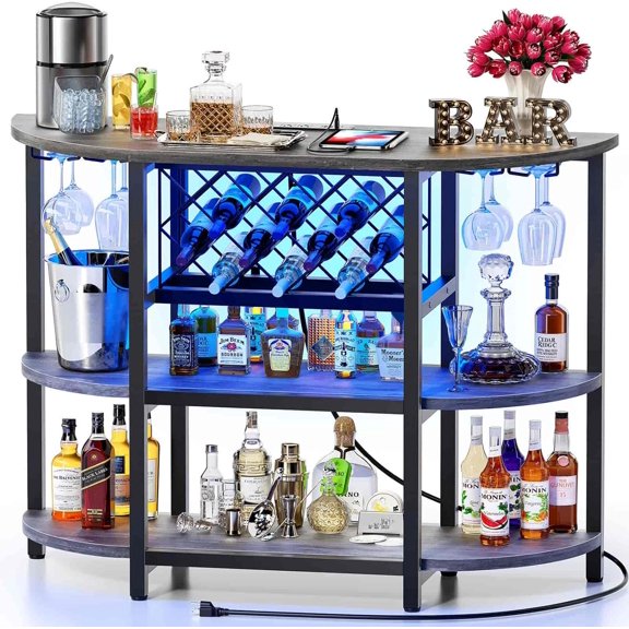 Zarler Bar Cart with Power Outlet Easy to Assemble, LED Home Bar Cabinet for Liquor, 47.3" L x 15.8" D x 36" H Metal Mini Bar Table with 4-Tier Storage, Grey