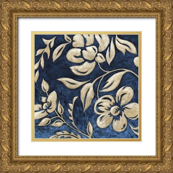 Zarris, Chariklia 12x12 Gold Ornate Wood Framed with Double Matting Museum Art Print Titled - Indigo and Cream Brocade I