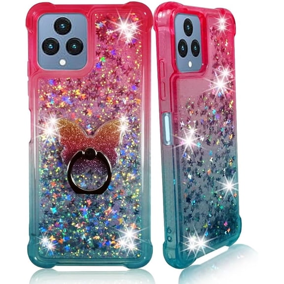 Zase Clear Phone Case for T-Mobile Metro REVVL 6X 5G/REVVL 6 (6.5") Liquid Glitter Sparkly Cute Floating 3D Butterflies Bling Shockproof Waterfall Quicksand w/Phone Ring Holder (Gradient Pink Aqua)