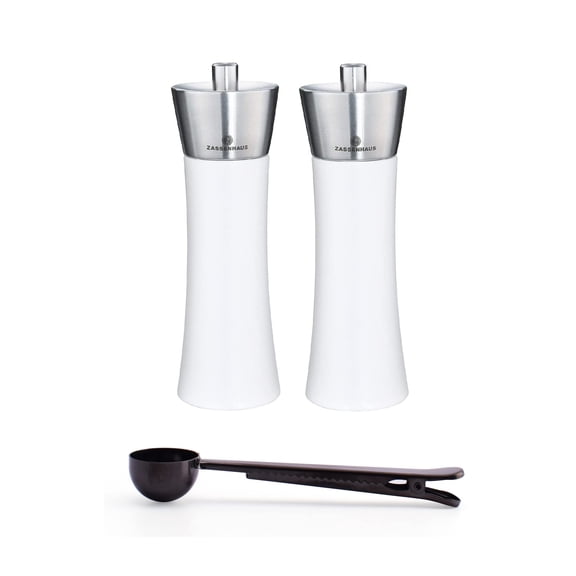 Zassenhaus Augsburg Salt & Pepper Grinder Mill, Gift Set 7-Inch, Gloss White & Stainless Steel - With Stainless Steel Spice Scoop & Clip