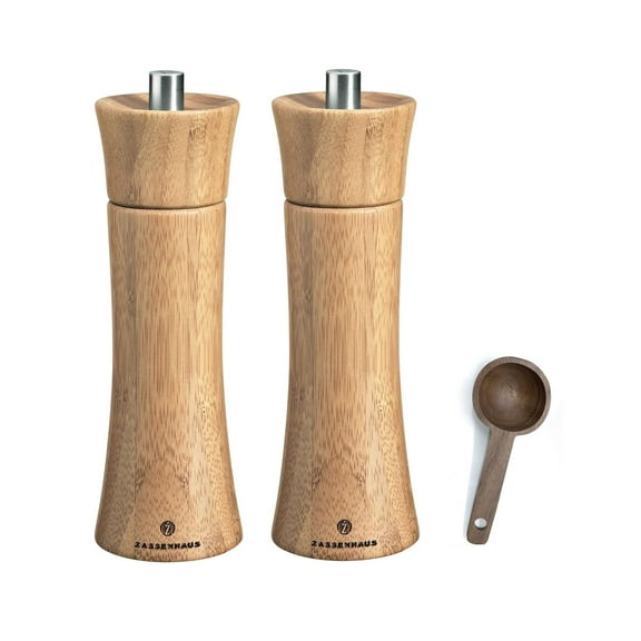Zassenhaus Bamboo Frankfurt Salt & Pepper Grinder Mill Gift Set, 7-Inch, With Wooden Spice Scoop