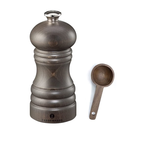 Zassenhaus Berlin Dark Stained Wood Pepper Mill Gift Set, Refillable Grinder, 4.7 Inches - With Wooden Spice Scoop