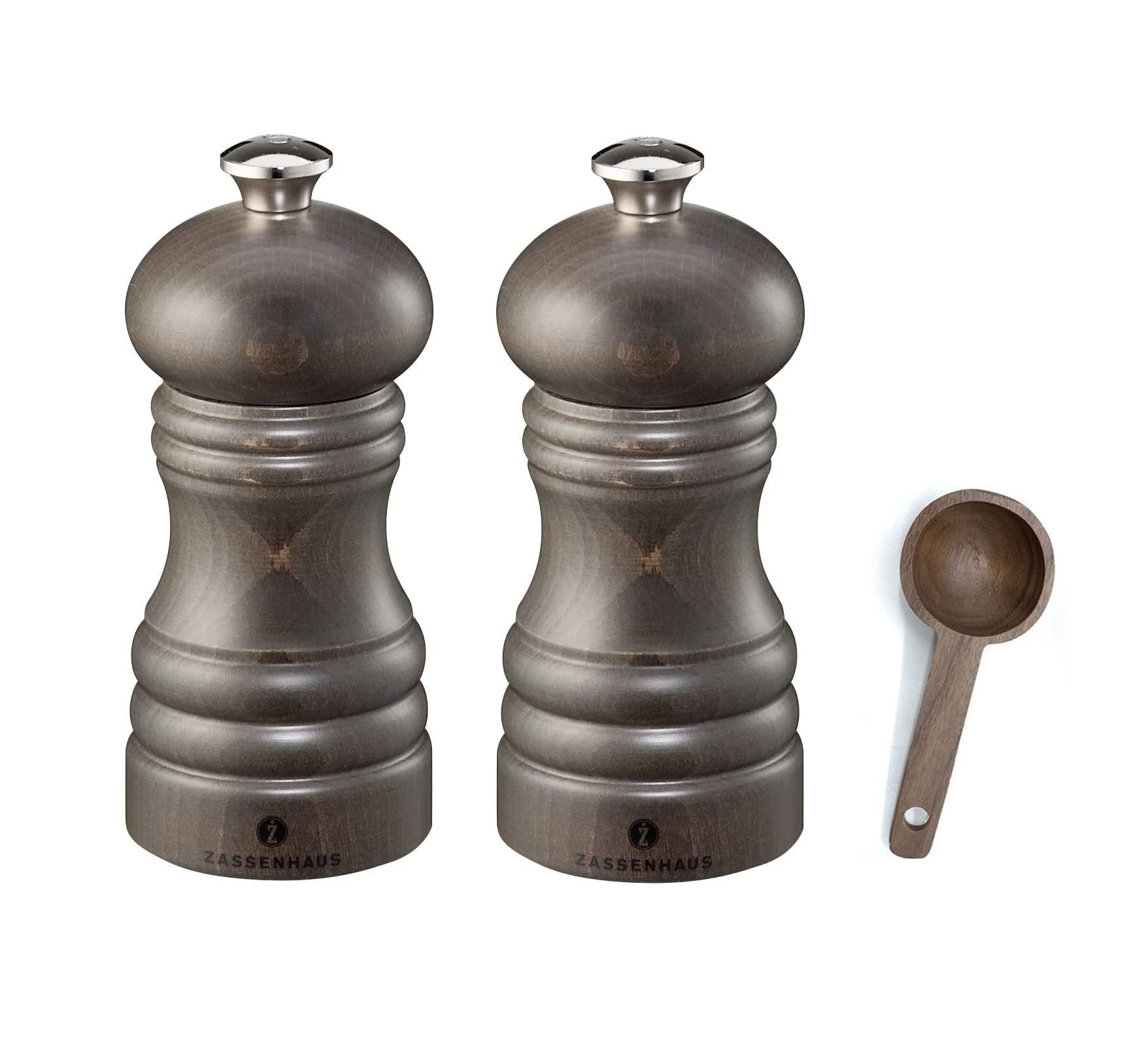 Zassenhaus Berlin Dark Stained Wood Salt & Pepper Mill Gift Set, Refillable Grinder, 4.7 Inches - With Wooden Spice Scoop