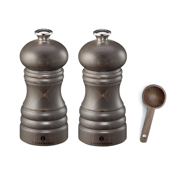 Zassenhaus Berlin Dark Stained Wood Salt & Pepper Mill Gift Set, Refillable Grinder, 4.7 Inches - With Wooden Spice Scoop