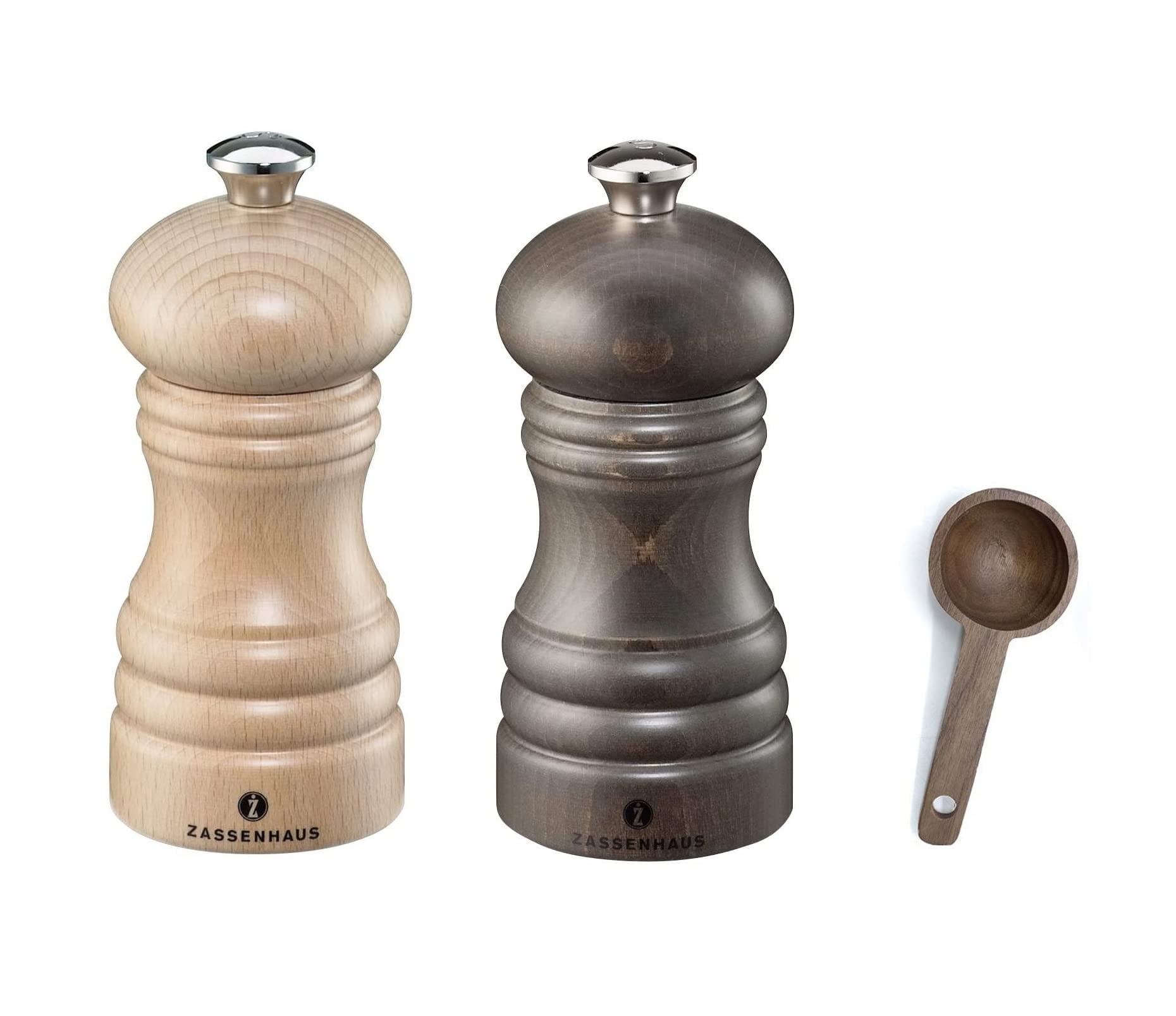 Zassenhaus Berlin Natural Salt & Dark Stained Pepper Grinder Mill, Gift Set - With Wooden Spice Scoop (4.7 Inch)