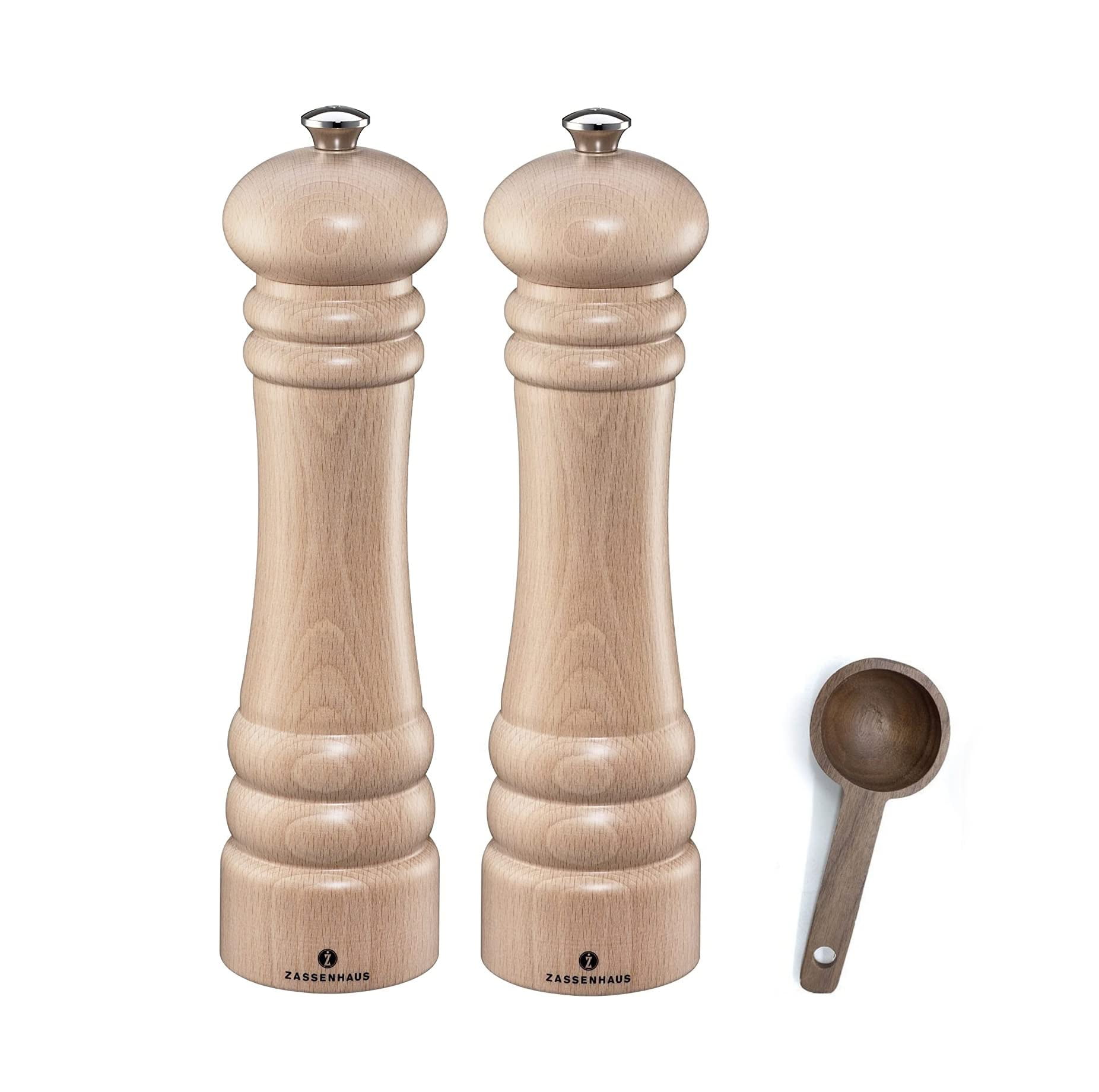 Zassenhaus Berlin Natural Wood Salt & Pepper Mill Gift Set, Refillable Grinder, 9.4 Inches - With Wooden Spice Scoop