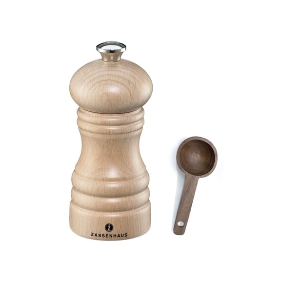 Zassenhaus Berlin Wood Mill Refillable Pepper Grinder, Gift Set 4.7-Inch, Natural Beech - With Wooden Spice Scoop