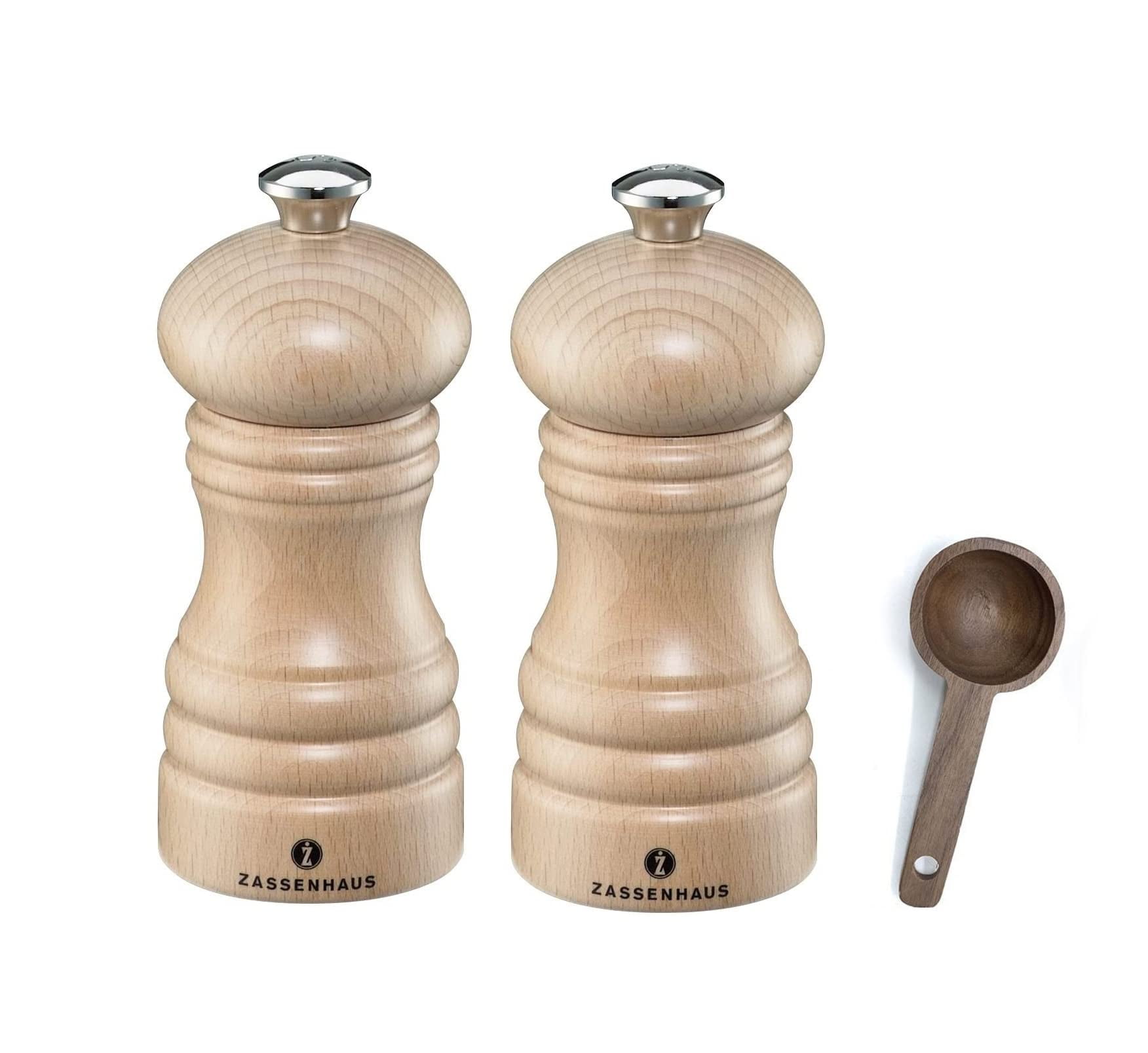Zassenhaus Berlin Wood Mill Refillable Salt & Pepper Grinder, Gift Set 4.7-Inch, Natural Beech - With Wooden Spice Scoop