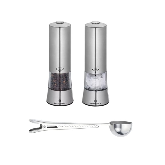 Zassenhaus "Gera" Electric Salt & Pepper Mill Gift Set, Silver - With Stainless Steel Spice Scoop & Clip