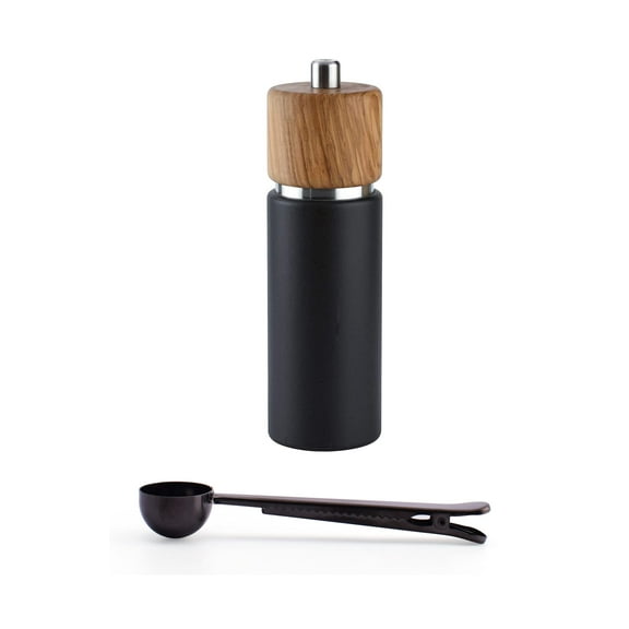 Zassenhaus Hannover Pepper Grinder Mill Gift Set, 7-Inch, Matte Black/Natural Olive Wood - With Stainless Steel Spice Scoop & Bag Clip