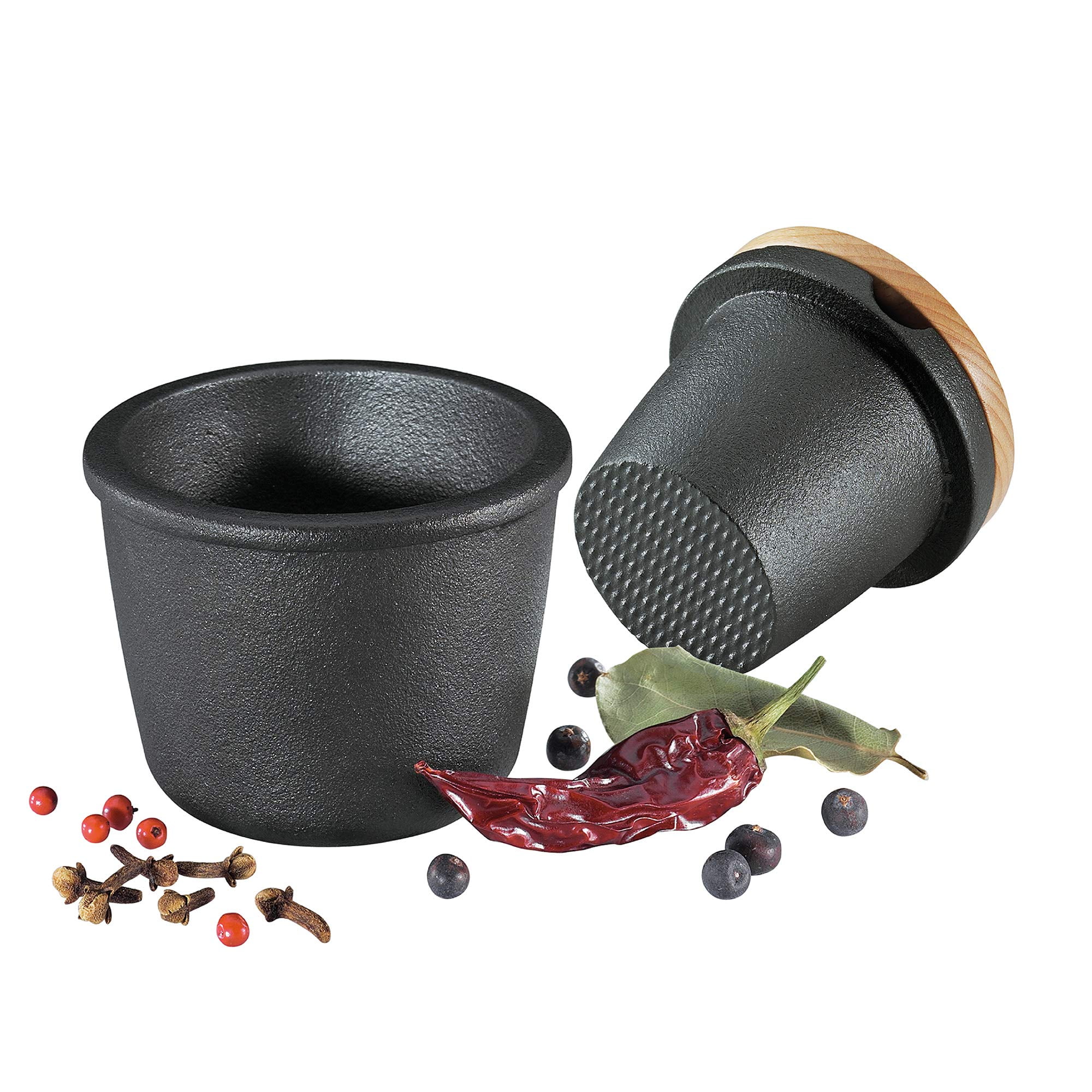 Compact Black Cast Iron Spice Grinder with Beech Wood Lid