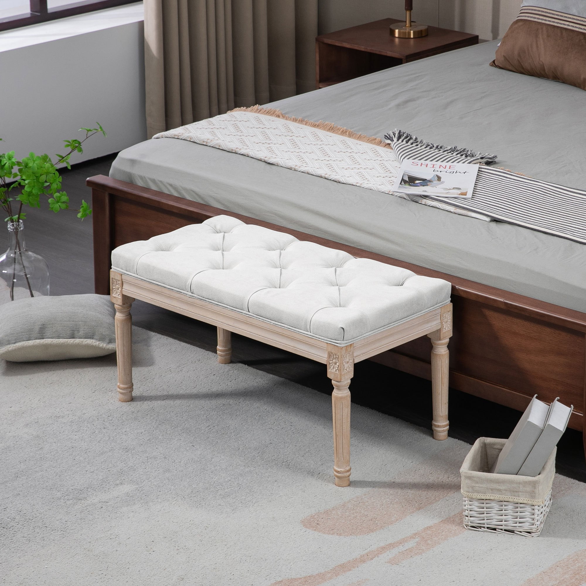 Cream White Upholstered Tufted End of Bed Bench with Carved Wood Legs