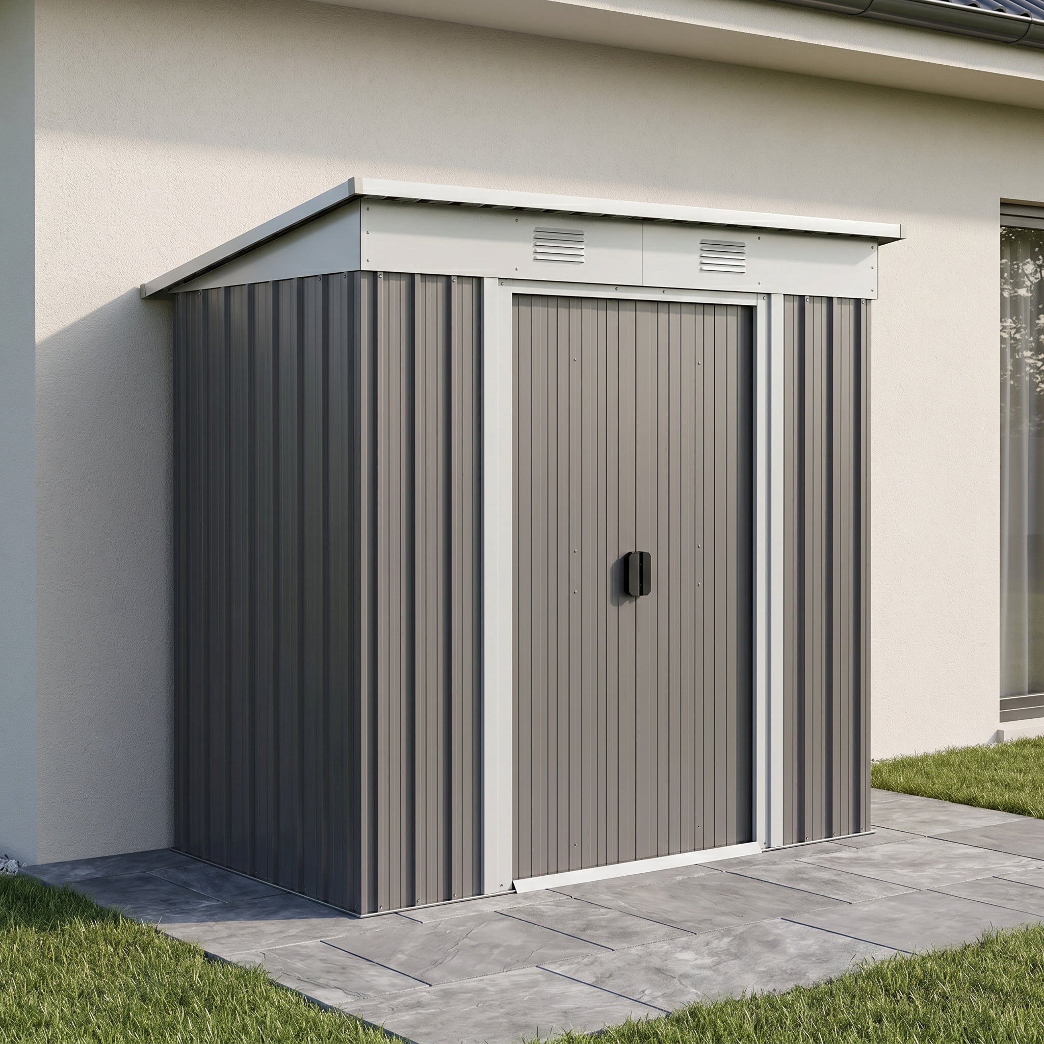 Zateety 6' X 4' Metal Lean To Garden Shed, Outdoor Storage Shed, Garden Tool House with Double Sliding Doors, 2 Air Vents for Backyard, Patio, Lawn, Gray