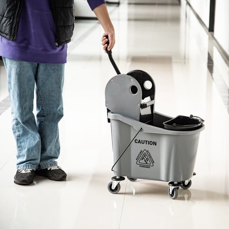Zateety 9.5 Gallon (38 Quart) Mop Bucket with Wringer Cleaning Cart, 4 Moving Wheels, 2 Separate Buckets, & Mop-Handle Holder, Grey