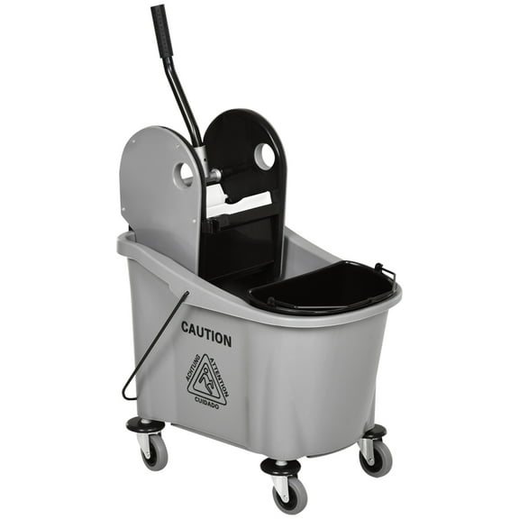 Zateety 9.5 Gallon (38 Quart) Mop Bucket with Wringer Cleaning Cart, 4 Moving Wheels, 2 Separate Buckets, & Mop-Handle Holder, Grey