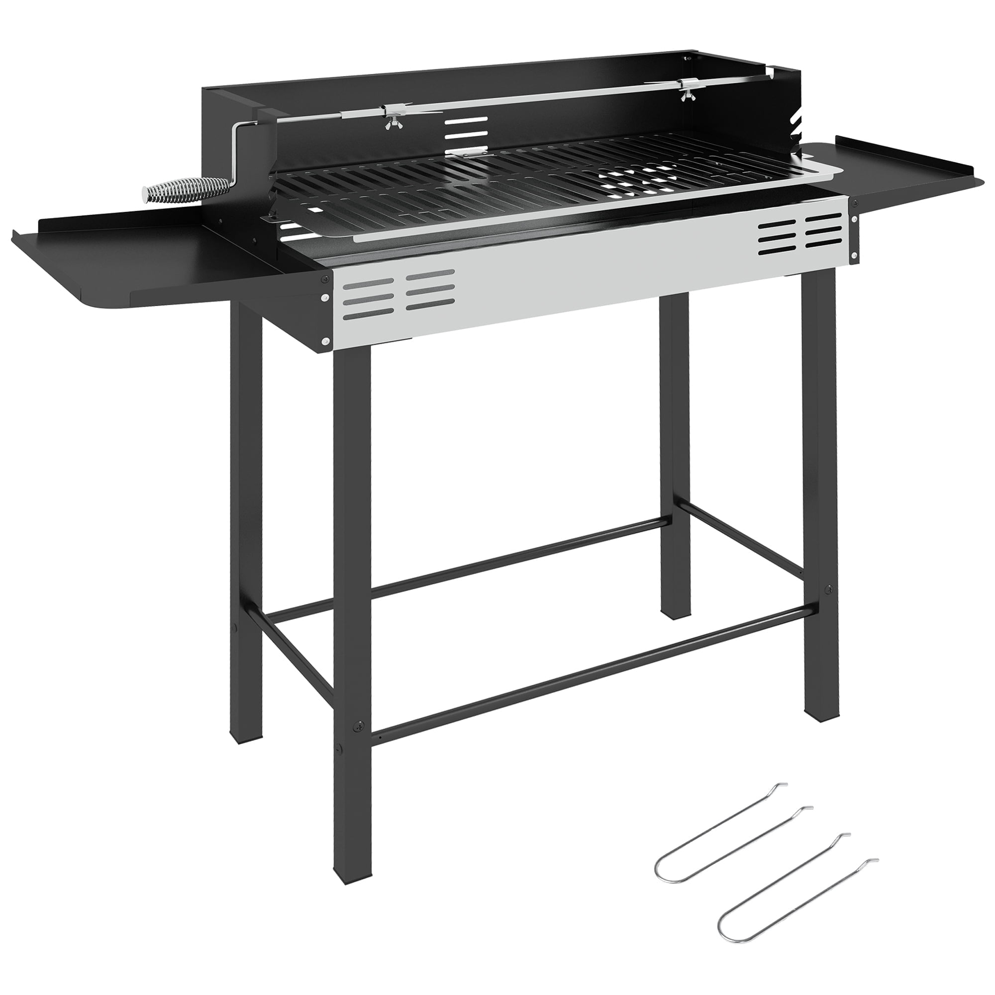 Zateety  BBQ Rotisserie Grill Roaster, Charcoal Split Roaster for Chicken or Turkey with 3-Level Grill Grate, Foldable Storage Shelves, and Wind Deflector, Stainless Steel, Black