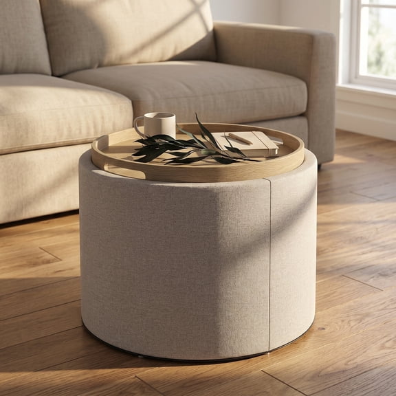 Zateety Coffee Table with Flip Tray, Multifunctional Footstool，Circular Storage Stool