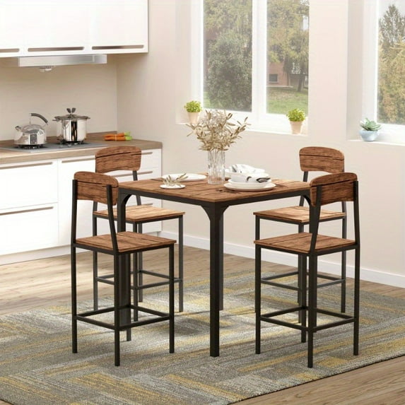 Zateety Counter Height Bar Table Set for 4 People, Square Kitchen Table and Chair Set with Footrest, Metal Legs