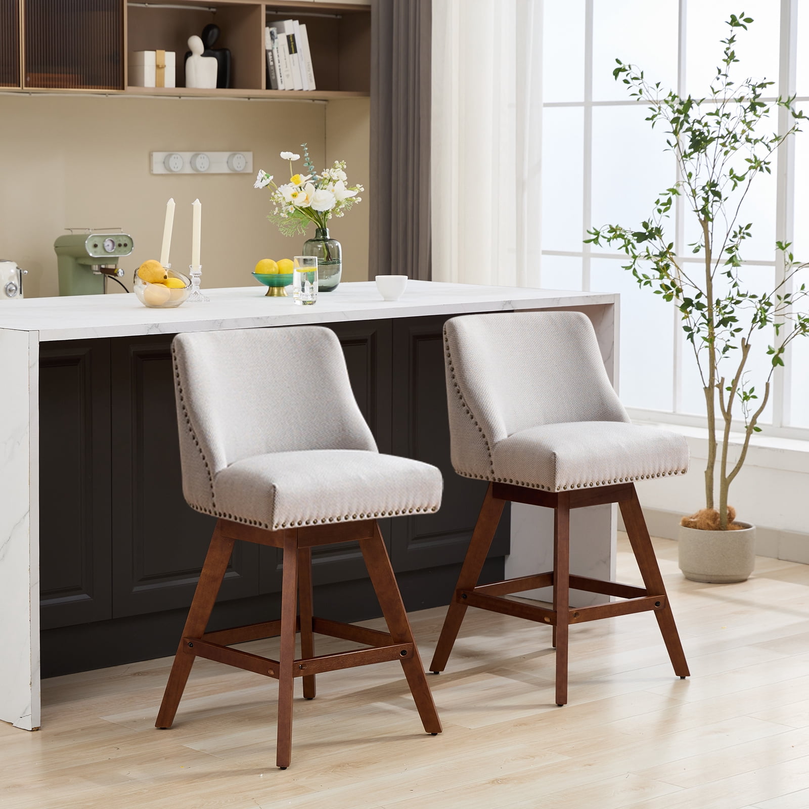 Zateety Counter Height Swivel Barstools, 26'' H Seat Height Upholstered Bar Stools Set of 2, Fabric in Ivory