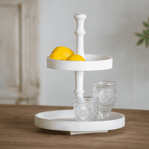 Zateety Two-Tier Round Wooden Tray, White Decorative Serving Stand for Farmhouse Kitchen, 11.8" x 15.4" Tiered Pedestal Cake Stand with Bottom Shelf