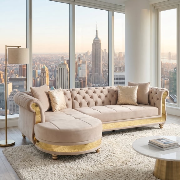 Zateety Tufted Wood Nailhead Trim Sectional Sofas with Pillows, Taupe