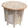 thumbnail image 1 of Zateety Mesh Cut Out Carved Mango Wood Octagonal Folding Table with Round Top, Antique White and Brown, 1 of 6