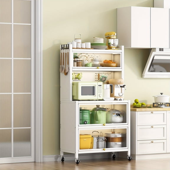 Zateety 65" Tall Kitchen Bakers Rack, 5 Tier Microwave Stand with Flip Door Cabinet, Coffee Bar Pantry Storage Shelf with Pegboard and Casters White