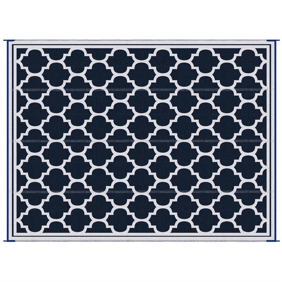 Zateety Reversible Outdoor Rug, 9'x18' Waterproof RV Camping Mat with Carry Bag, Large Plastic Straw Floor Mat for Patio Backyard Deck Picnic Beach  Blue & White Boho