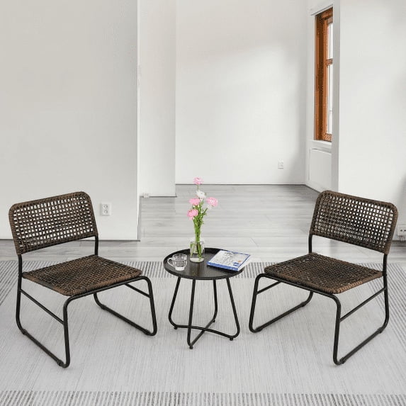 Zateety Patio Furniture Set 3 Piece Mixture Pattern PE Rattan Steel Frame And Modern Round Table, Brown and Black