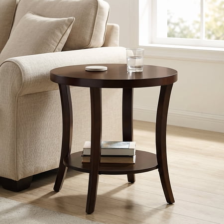 Zateety Round End Table, 23" Contemporary Shelf End Table with Espresso Finish, Birch Wood Veneer Side Table for Living Room Bedroom – Perth Collection
