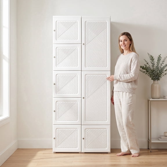 Zateety Portable Wardrobe Closet, Folding Plastic Armoire, 8 Cube Clothes Storage Organizer with Magnetic Door & Hanging Rod for Bedroom Dorm Apartment- White
